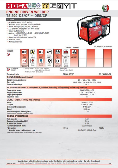 MOSA TS 200 DES/CF Diesel E/S Portable Engine Driven Welder