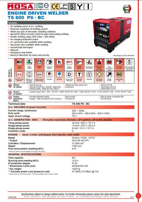 MOSA TS600 PS* Industrial Engine Driven Welder