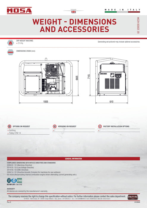 Mosa - GE 10000 HZDM AVR Open Range Silenced - Diesel Single Ranged Generator Set