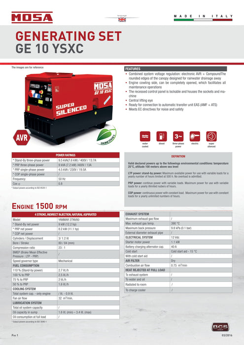 Mosa GE 10 YSXC Diesel Generating Set - Stage 5 YANMAR Engine