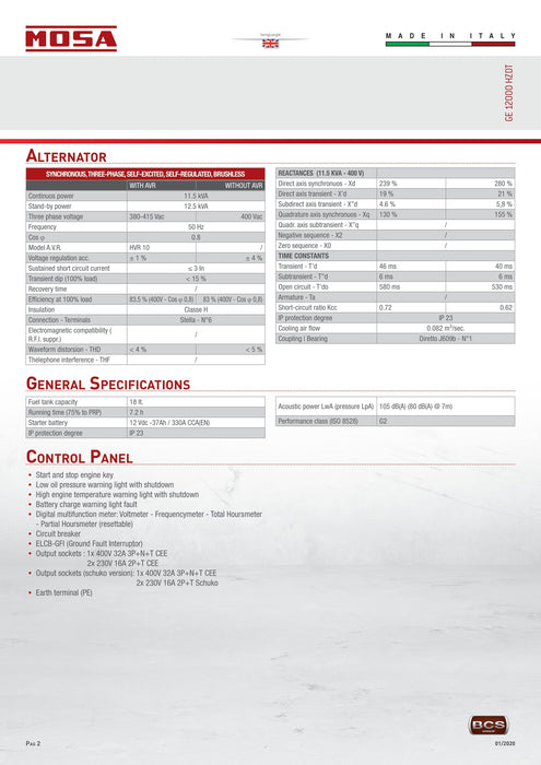 Mosa - GE 12000 HZDT AVR Open Range - Silenced Diesel Three Phase Generating Set - 3000 rpm