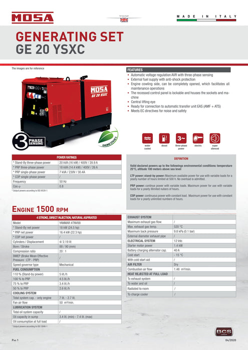 Mosa GE 20 YSXC Diesel Generating Set - Stage 5 YANMAR Engine
