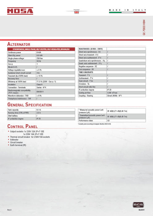 Mosa - GE 7000 HBM-L AVR Open Range Silenced - Petrol Single Ranged Generator Set