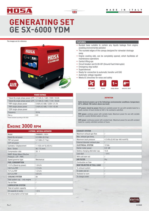 Mosa - GE SX-6000 YDM 230V AMF SX Range Super Silenced Diesel - Air Cooled Single Ranged Generator Set