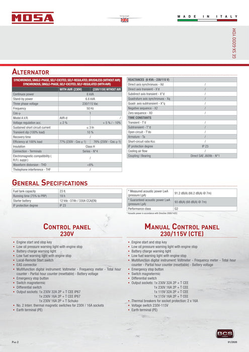 Mosa - GE SX-6000 YDM 230V AMF SX Range Super Silenced Diesel - Air Cooled Single Ranged Generator Set