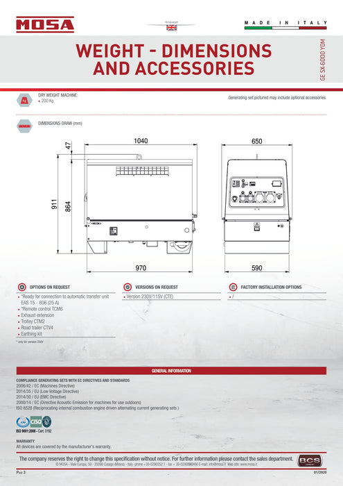 Mosa - GE SX-6000 YDM 230V AMF SX Range Super Silenced Diesel - Air Cooled Single Ranged Generator Set