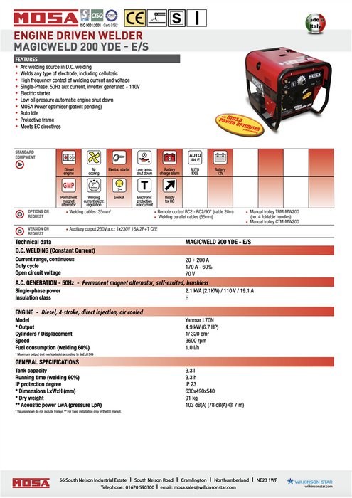 MOSA Magicweld 200 YDE - E/S - 110v Portable Engine Driven Welder